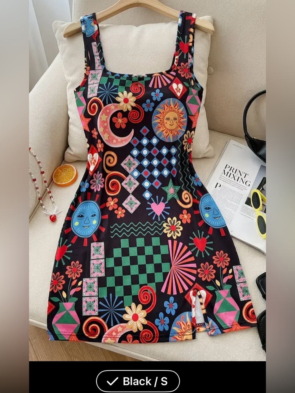 Women’s Black Multicolor Printed Square-Neck Dress - Picture 7 of 7